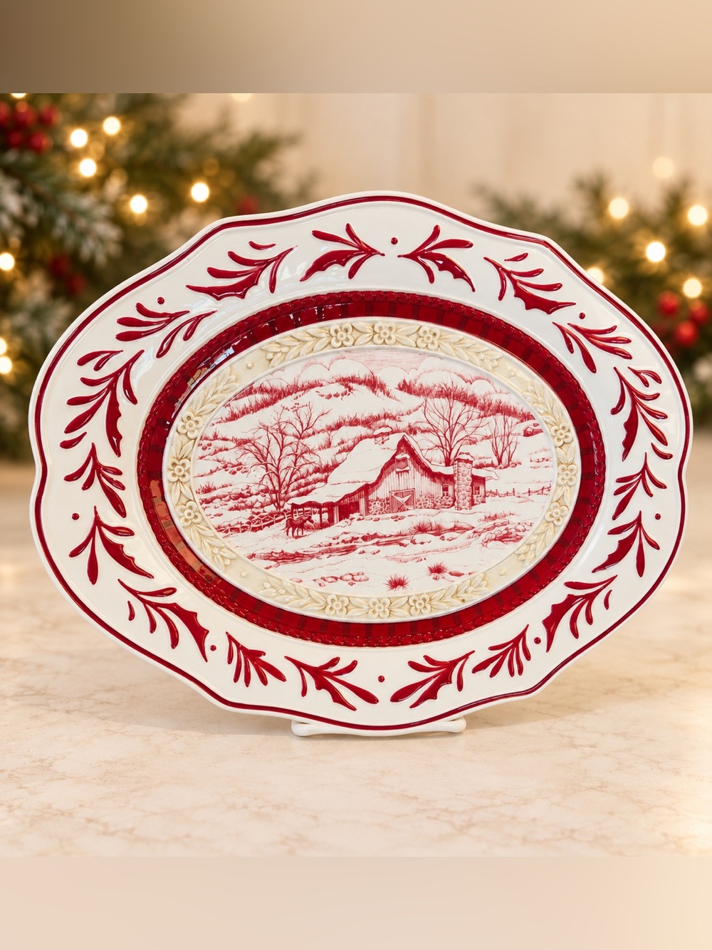 Fitz and Floyd Town & Country 17” Red Toile Winter Barn Oval Serving Platter